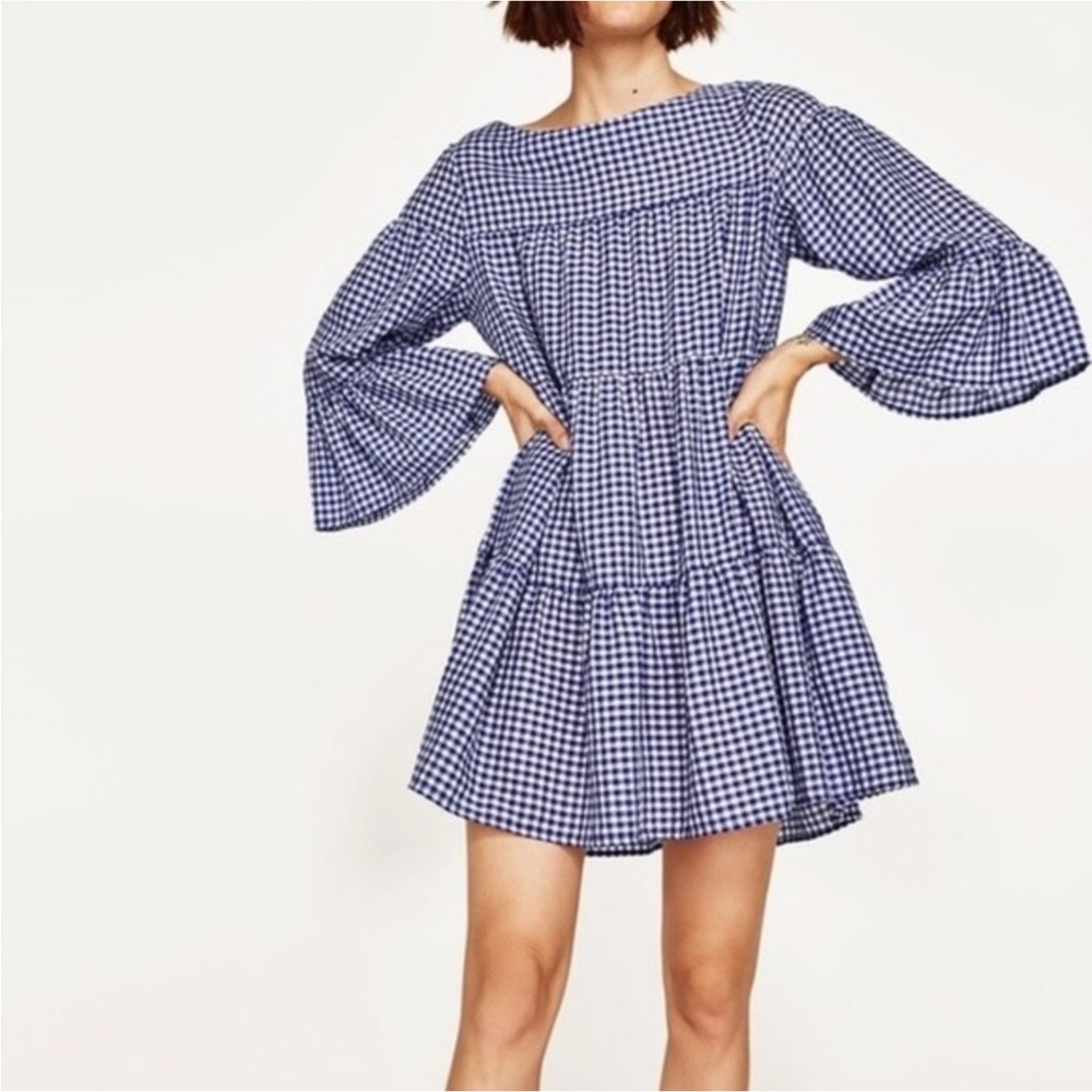Zara Woman Blue White Gingham Tiered Bell Sleeve Dress Size M